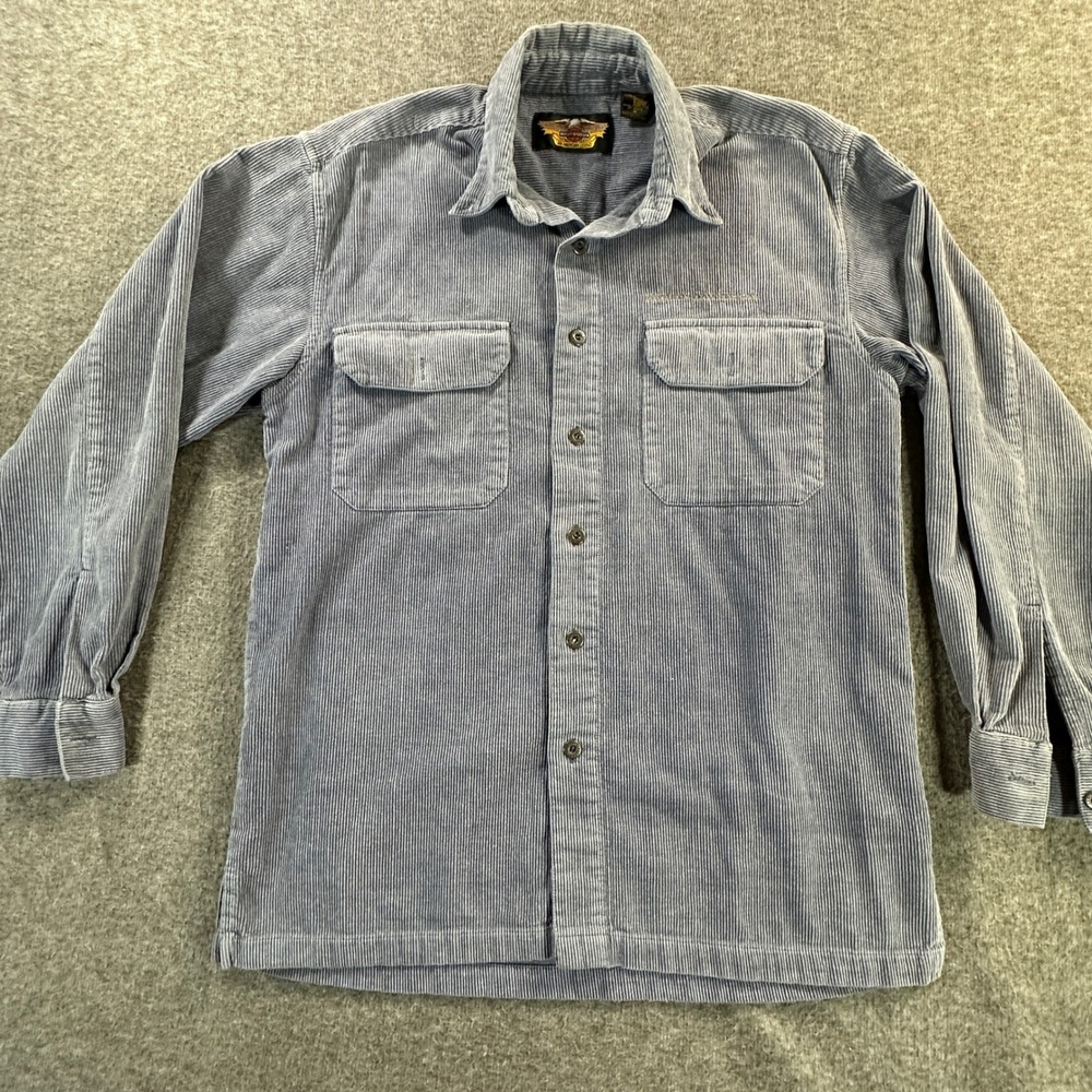 Harley-Davidson Corduroy Shirt M Blue Stripe Eagle Patch Vintage 90s USA